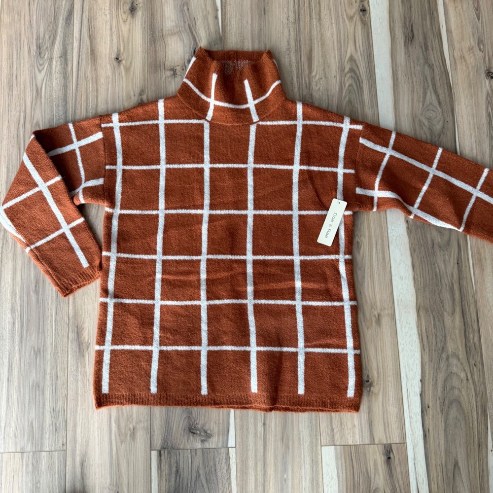 Doe & Rae Brown White‎ Grid Pattern Turtleneck Sweater Women's Medium Cozy Knit